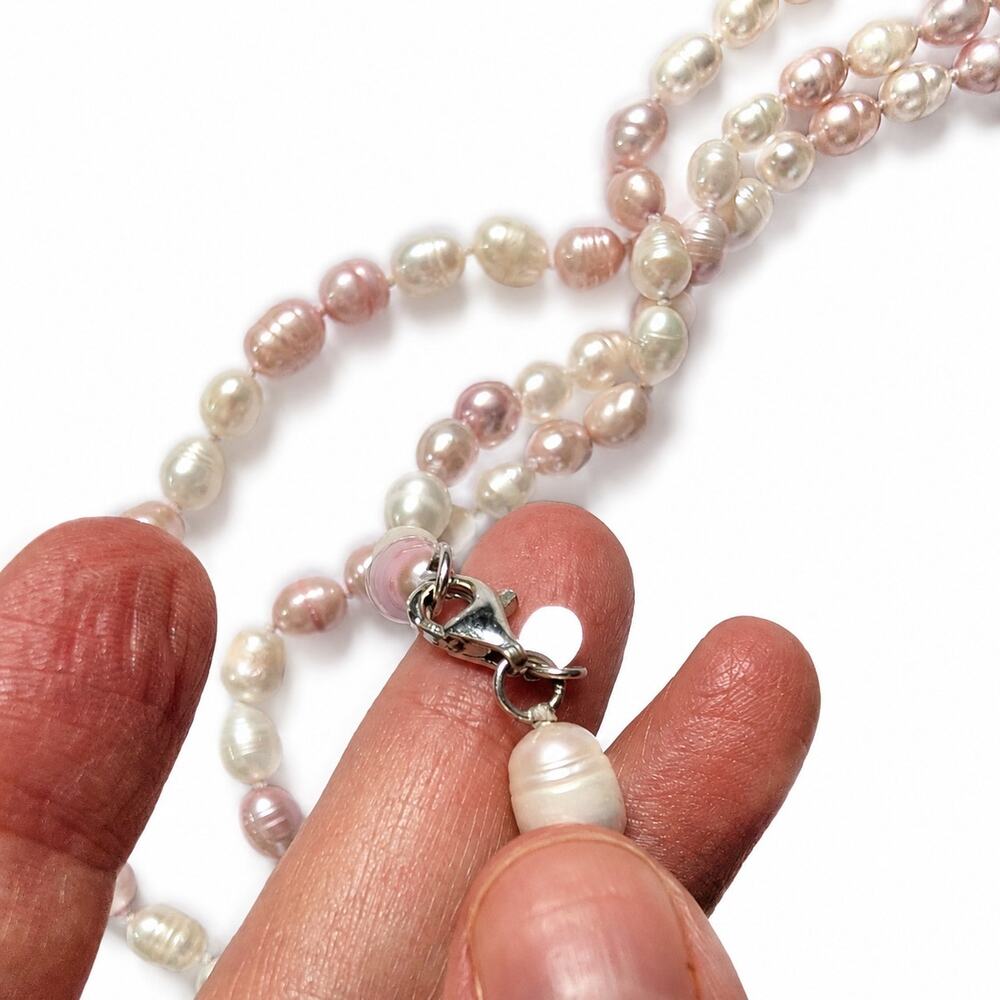 64" Cultured Baroque Pearl Necklace White & Pink 925 Silver Clasp - Picture 4 of 6